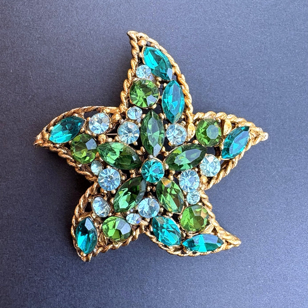 Vintage Regency Starfish Pin Brooch Gold Tone Green Blue Rhinestones 2"